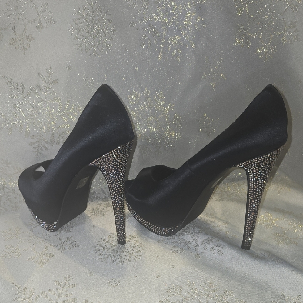 Steve Madden Black Satin Heels with Rhinestone Details - Picture 4 of 8